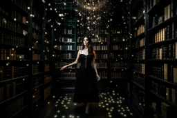 full-height shot of a woman in a tifull-height shot of a woman in a tight black dress, inside a large magic book shop, shelving, lights, books, bottles, windowsght black dress, holding up small glowing symbols, inside a magic book shop