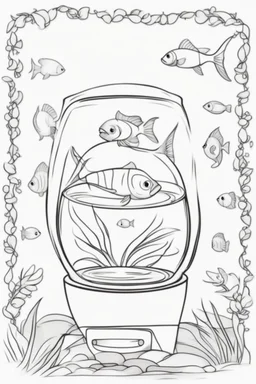 blank colouring book, white blank background, simple picture for toddlers, fish in a glass bowl, disney and pixar style