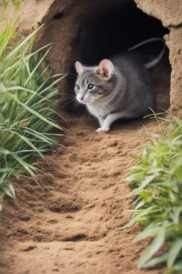 a mouse at the forefront, outside, she wants to go back in her hole, a cat is blocking the way