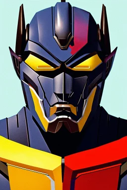 Fotoretrato de un transformer de 1980, debe ser algo decadente. Vibrante en colores, solo su cara es un retrato. Megatron, optimus prime. Animé. Wasted drunk. Yellow, fun.