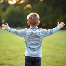 12 year old boy from behind with arms outstretched