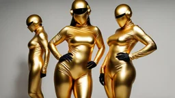 Hyperrealistisch stämmige, üppige Frauen völlig verhüllt von identischen golden glänzenden Ganzkörper-Zentai mit geschlossenem Visier in goldfarbenem, geschlossenem Helm