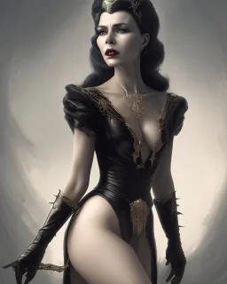 old evil queen in black leather gown, femme fatale, volouptous, busty, cleavage, angry, emperious, 8k resolution concept art portrait by Greg Rutkowski,