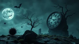 surreal dreamlike scene, nightmare on eart and in sky, midnight in the garden of death, some small black prickly balls on the earth and on sky, mystic gloomy, surreal dark shadows and pale light, stones, cracked eart, dark winter-like vibe, dark weird shapes floatings ,come strom , dark green moss, weird giant black musroom, bats on sky, branch on eart, ruins, rock, deep dark colors, dark twisting tendrils around big clock ,Clock Midnight, white-blue moon with black darkness, wind, fog, detail