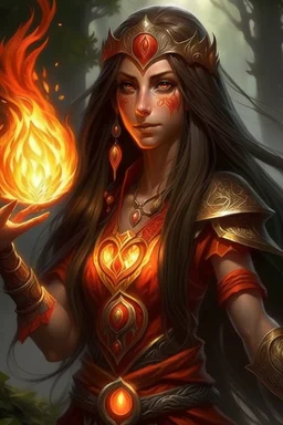 Female eladrin druid with fire abilities. long hair made from fire. Tanned skin. Big red eyes with touch of fire .