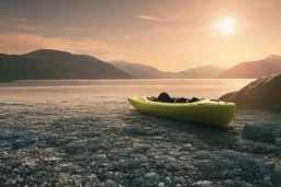 highly detailed glacial lake landscape, sunset, cinematic lighting, 4k, 8k, octane render, trending on 500px, pinterest, extremely detailed, ambient lighting, single frame, tiny kayak on pebble beach in foreground