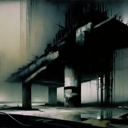 Dark Contemporary abstract painting of Lebbeus Woods concrete carpark in a wasteland techno decaying landscape. Hazy foggy night sky. Concrete ground. Exposed twisted concrete and pipes. Style Justin Mortimer and Francis Bacon. Close up