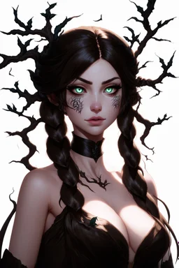 Young beautiful female Hexblood Warlock, long dark brown-black hair styled in elegant half-braids, glowing pale emerald-green eyes, delicate facial features. Thin twisted black thorn-like branches grow naturally from one side of her head, weaving seamlessly through her hair like an eerie crown, with tiny dark leaves and vine-like roots blending into her scalp. Faint dark vine markings trail along her neck and collarbone. Dark fantasy, realistic, cinematic, highly detailed.