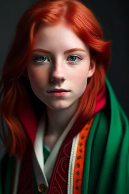 A girl with red hair and green eyes and she is wearing a Hogwarts robe