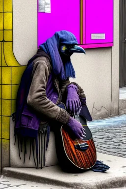 One single mature homeless crow with worn out clothes, sitting in a corner on the street, guitar standing on the left side, Vienna, mourning, perfect iris, colours, model style, hyper realistic, extremely accurate, delicate, extremely detailed, Graphic novel style, wide-angle, open aperture, superfine pencil