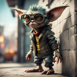 cool gremlin leaning against a wall, wearing flip down colored glasses, in the style of a fallout 4,bokeh like f/0.8, tilt-shift lens 8k, high detail, smooth render, down-light, unreal engine, prize winning