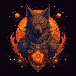 A terrible creature with a wolf's head and a human body,A shield made of fire and magic and the galaxy