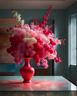 Cherenkov radiation colors, inspired by Joe Horner, Helice Wen, Mark Rothko, Benetton, december very sunny day at 11 a.m. volumetric lightning, photography with Leica Hermes Edition M7 camera of intricate floral bouquet using gestalt theory reminding Christmas Eve, in a brutalist porcelian vase on brutalist table, sophisticated composition, contemporary urban art gallery, hyper detailed, hyperrealistic, vivid, product-focused.