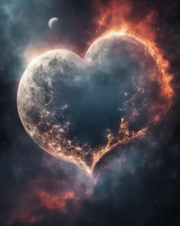 Moon in shape of realisitic heart, biological heart, cinematic, {abstract}, depression, space background, atmospheric, fire, DLSR, soft focus, dispersion