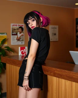 punk emo girl leaning backward away from while holding onto a reception desk