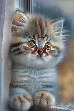 Cute kitten face pressed up against the window