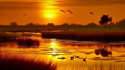 A scenic landscape with a tranquil wetland or marsh at sunset. The foreground features tall reeds and grasses surrounding a still body of water reflecting the warm orange and yellow hues of the sky. In the background, there are silhouettes of trees and bushes. Several birds are flying across the sky.