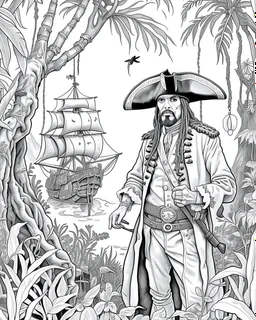 Pirates of the Caribbean: Jack Sparrow's Jungle Adventure Coloring Page: Design an adventurous coloring page inspired by the Pirates of the Caribbean movie, featuring Jack Sparrow navigating a dense jungle on a quest. Remove black color backgrounds and lines as much as possible, allowing kids to focus on coloring towering trees, wild animals, and hidden paths. This black-and-white canvas invites young artists to bring the excitement of Jack Sparrow's jungle exploration to life in their imaginati