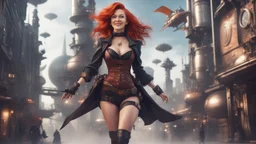 A photorealistic image of a red-haired, slender, witchy woman, winking and smiling, in a one-piece steampunk outfit and stiletto boots, walking through a futuristic city with flying machines.