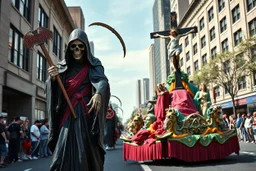 multi colored, bright, vivid, psychedelic, high detailed, high gloss, insanely detailed, matte, horrorcore, lining the street, unsettling contrast, monument to death, live action shot grim reaper parade, pulling a jesus parade float