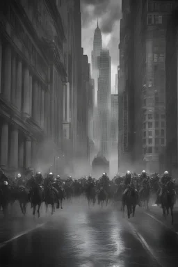 black and white front view photo of an army of armored knights on theirs horses running in a New York street under the rain with high buildings in the background blurred, highly detailed, photorealistic, stormy sky, buildings, 4k, photo with atmosphere