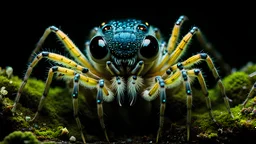 A mesmerizing, full-body illustration of a delicate, translucent, nocturnal alien spider, large eyes having illuminated slit pupils, its body adorned with bioluminescent spores and lichens in a fungal fractal pattern, in a dark, wet cave, dimly lit by the glow of phosphorescent moss and fungi, bringing to life the splendor of this amazing species in its pristine, extraterrestrial habitat, misty, raining, wet, glossy, ultra-detailed, intricated details, cinematic alien background, fungal art, ear