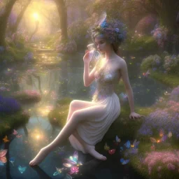 high-quality, fine-detail beautiful, stunning fairy sitting beside a clear, reflective lake, flowers, butterflies, small globes of iridescent light, tranquil, gorgeous, 8k resolution, 3D octane render, intricate, digital art, detailed matte, volumetric lighting, George Grie, Anne Dittman, Anne Stokes, Lisa Parker, Selina French,