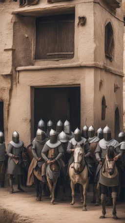 A group of Muslim knights surround a small, old house