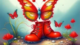 fantasy style cute little butterfly wearing red boots