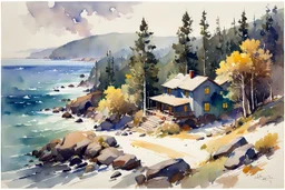 An aerial view of a rustic beach house overlooking a winding, boulder strewn, Oregon coastline lined with towering cedar and aspen trees, watercolor painted by Arthur Streeton and Peter Wileman, finely detailed brushstrokes, fine ink outlining, sharply defined, luminous and atmospheric in vibrant saturated Spring foliage colors