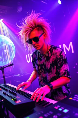 French cool synth player with crazy techno acid hair, he is called "Jean-Maurice Brûlée" performing at dance club, his name is "Jean-Maurice Brûlée" , white and purple Neon lights and purple smog, yellow shower rain, and "URINIUM" big sign on the wall, he is playing on synthesizers on stage with lot of laser beams and wearing black sunglasses, an earth is projected in background