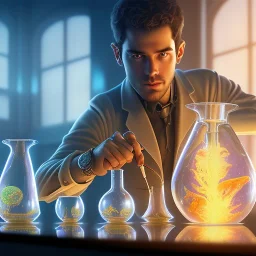 Closeup of a young wizard in a glass laboratory, levitated lab equipment, 4k, Highly Detailed, Masterpiece, Pretty but evil Face, perfect eyes, Digital Illustration, Cinematic Lighting, Realistic, Sharp Focus, Centered, Beautifully Lit, Bioluminescent by Stanley Artgerm Lau