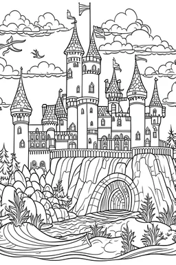 castle with mermaid kids coloring book sketch