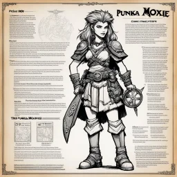 Punka Moxie character concept sheet with AD&D statistics and characteristics, [illustration by Kevin Eastman and Peter Laird] a Punka Moxie