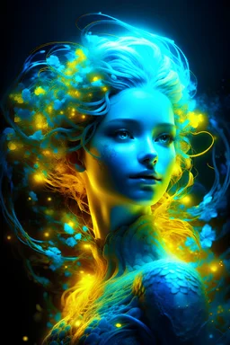 detailed illustration of a beautiful elsa yellow illumated. Brains. The figure appears ethereal, almost otherworldly, with her brains full of blure amoebes possessing a captivating translucency, The use of vibrant neon lights and particles of light creates a phantasmagorical atmosphere, . high-quality image, perhaps a digital painting in capturing the enchanting beauty of blue amoebes in the brains