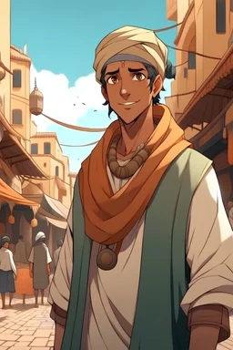 Morrocan hero in anime in marrakech with his upper body in souk in a good position