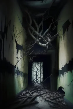 the walls of the long corridor coming down onto you ,the slab is broken with trees growing from it and from the walls. the walls are fully tilted and is falling onto you. what you can see is only a frightening house which looks like it hadnt been used in years. the walls are all black with their paint ripping off