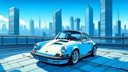 vintage porche 911, white paint with blue decales, in a futuristic garage, overlooking a city skyline, cartoon style