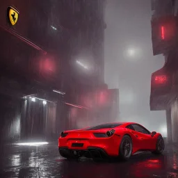 red Ferrari 488 in the rain at night in a futuristic city with ray tracing