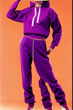 year 1999 women fashion, Techno, rave, Loose, straight, suit, low waist light trousers, t-shirt, new kind of hoodie with high tippet, which goes down along zipper! Colors: all denim colors, purple, khaki, lilac, plum, orange, terracotta, red, pink, dark blue, beige. Patterns: lynx, balls, stripes. lynx belt. starling or owl prints. Women models. Missy Elliot, Sandra Bullock, Milla Jovovich, Big tennis shoes on. Latex, denim and leather e.g. in Leg warmers.