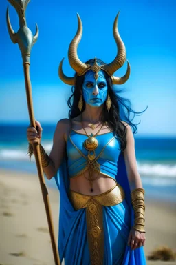 A picture of a blue faced Indian goddess with skin painted blue, blue body, wild black hair, stag horn antlers, elven ears, golden skirt, holding a staff on a sunny beach