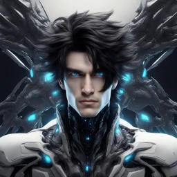 An handsome male alien with messy black hair and blue eyes