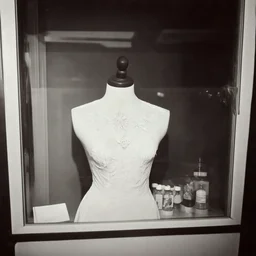old polaroid of a deicate, embroidered display mannequin behind a window