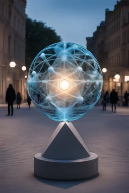 статуя на улице, Шар как атом/молекула: Сделать поверхность шара похожей на модель атома или молекулы, используя геометрические формы, светящиеся элементы или проекцию. . Для этого можно использовать различные геометрические формы, такие как круги, треугольники, шестиугольники и т. д., чтобы создать абстрактное изображение структуры атома или молекулы. Кроме того, возможно использование светящихся элементов, чтобы придать статуе особую магическую атмосферу и привлечь внимание прохожих ночью.