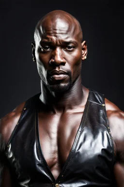 Portrait of a 40 year old handsome dark skinned and muscular heavy set african man with a bald head and neatly trimmed beard with flecks of grey. he is wearing a leather waistcoat and no shirt. he has a gold earing in his left ear