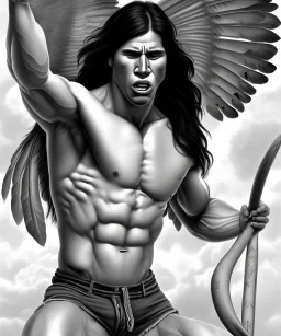 native american warrior, long black hair, big muscles, face up, mouth wide open, scream face, shirtless, looking to the sky