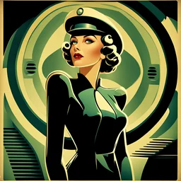 a beautiful 1940s styled woman in futuristic