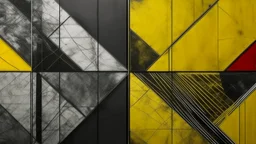 Crea una obra pictórica original con pintura de apariencia arqueológica; composición: diagonal amplia que atraviesa el soporte; referente visual: isla cromática; paleta: amarillo maíz, rojo oscuro y gris carbón; técnica: óleo muy mate con huellas de herramienta; textura: con cambios bruscos de densidad; formas: ventanas geométricas; gesto: línea de grafito quebrada; espacio: panorama reducido a franjas; iluminación: luz fría filtrada; bordes: límites de alto contraste; ritmo: dosificación mínima