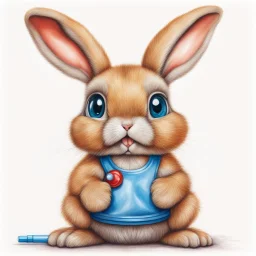 Picture, drawn with colored pencils, in the style of hyperrealistic animal illustrations, light amber and red, cartoon cute bunny with big eyes and long eyelashes, sitting with a pacifier in his mouth, wearing blue shorts, white background only