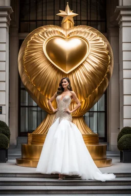 full body of a woman standing in front of a golden heart statue, miss universe, inspired by Emanuel de Witte, inspired by, promotional photoshoot, to infinity and beyond, in style of neodada, parade floats, sofia vergara, promotional material, the empress of licorice, campbell's soup can, in paris